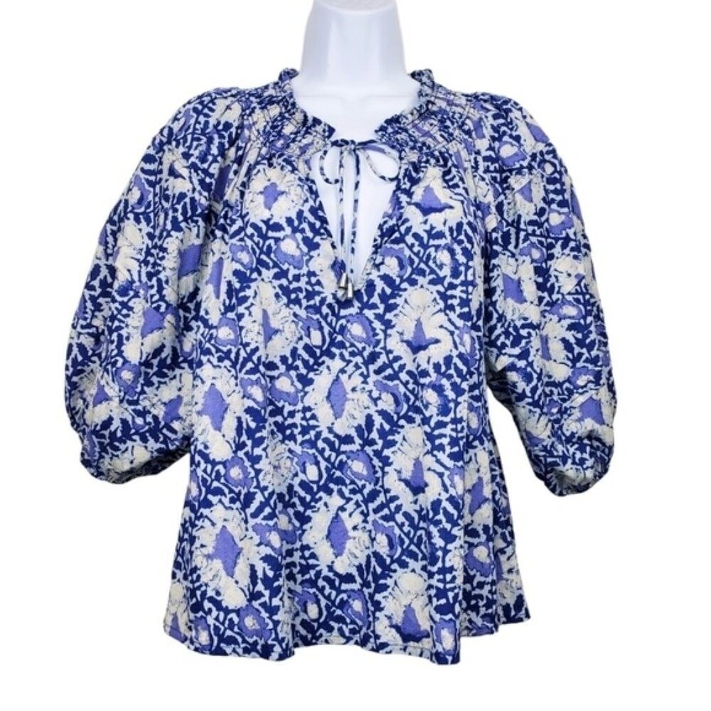 Free People Womens Willow Blue Cream Floral Printed Oversized Blouse Size XS